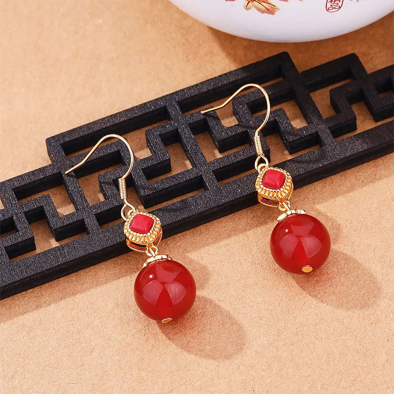 Geometric agate earrings with Southern Red Agate round beads and S925 silver inlaid accents on copper alloy