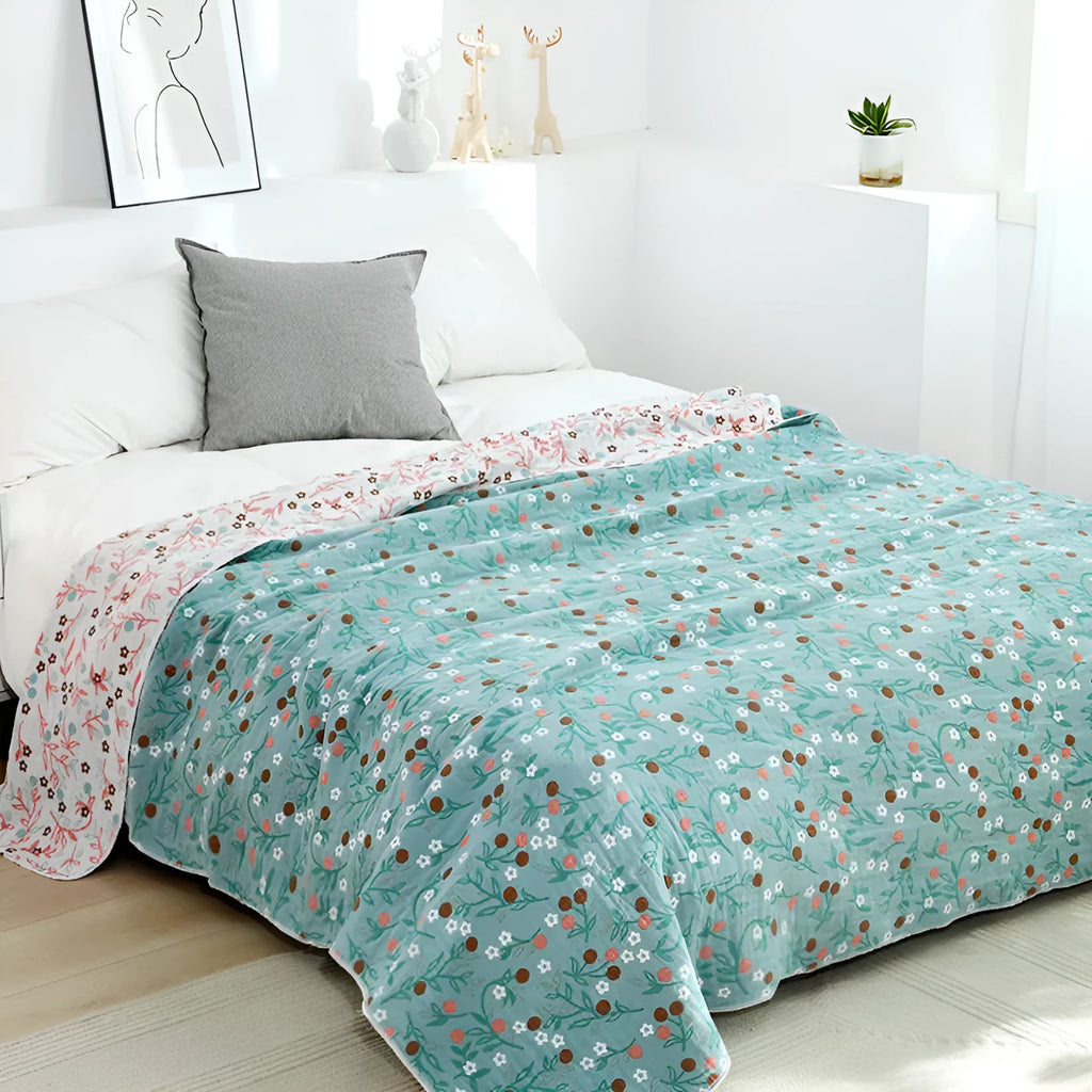 Four-layer cotton gauze lace bedspread with yarn-dyed Jacquard plants and flowers pattern in Japanese style