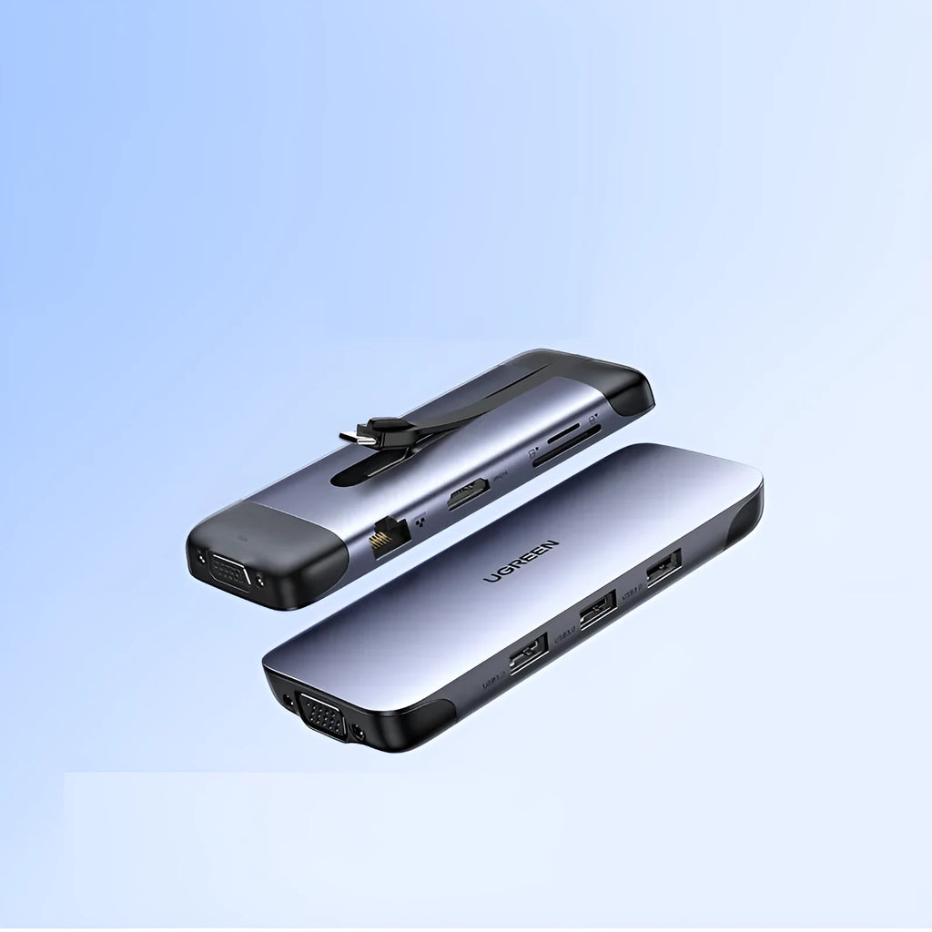 USB C docking station showing ports for HDMI, USB 3.0, PD charging, VGA, Ethernet, and card reader.