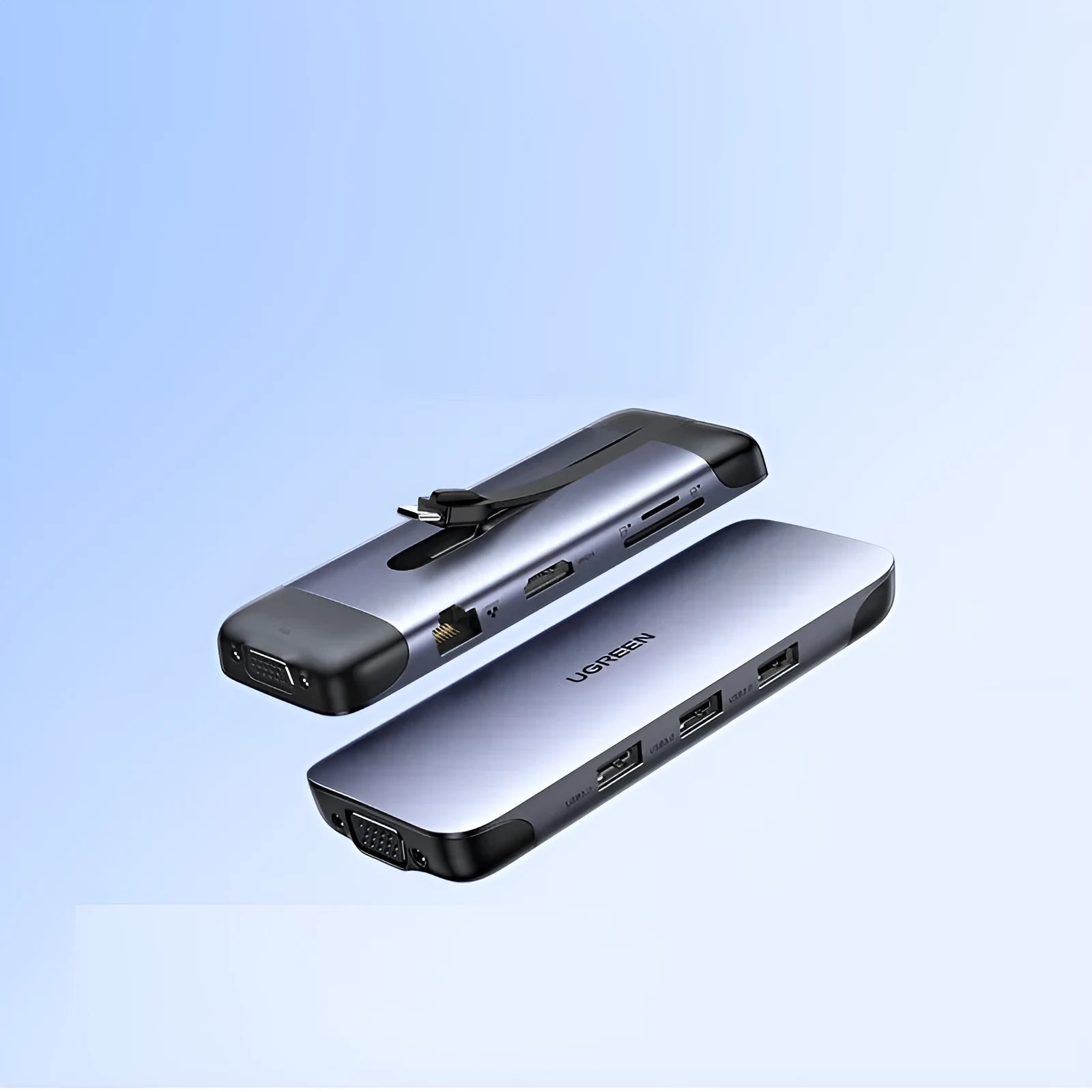 USB C docking station showing ports for HDMI, USB 3.0, PD charging, VGA, Ethernet, and card reader.