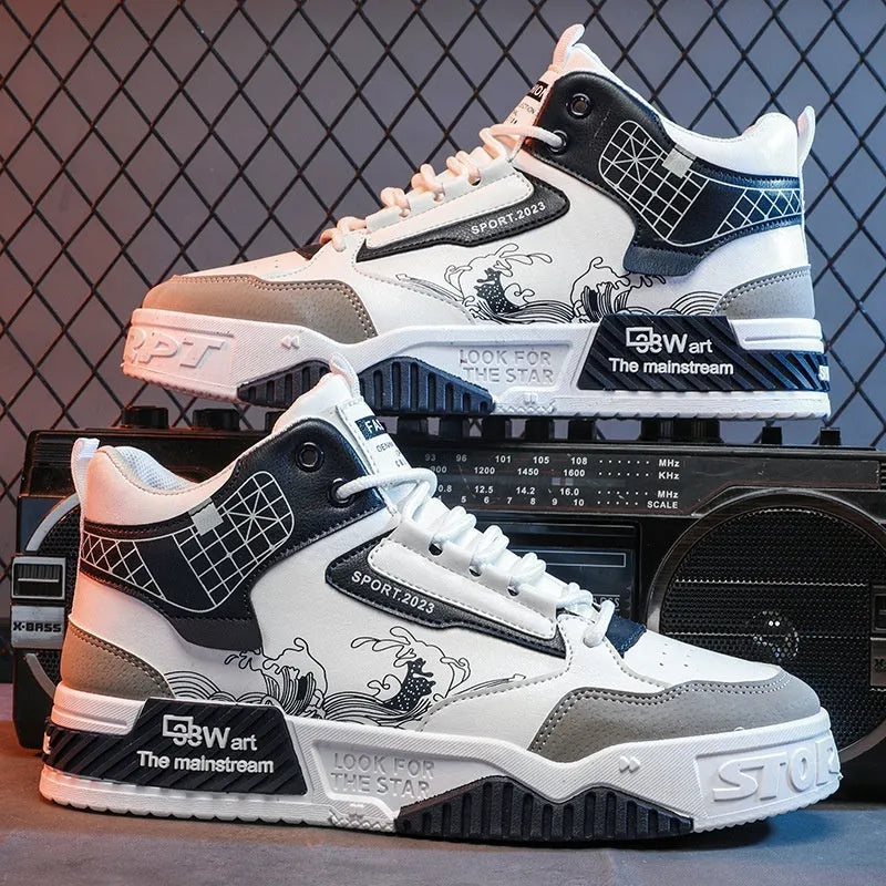 Men's beige, white and blue high-top lace-up board sneakers with a flat rubber sole.