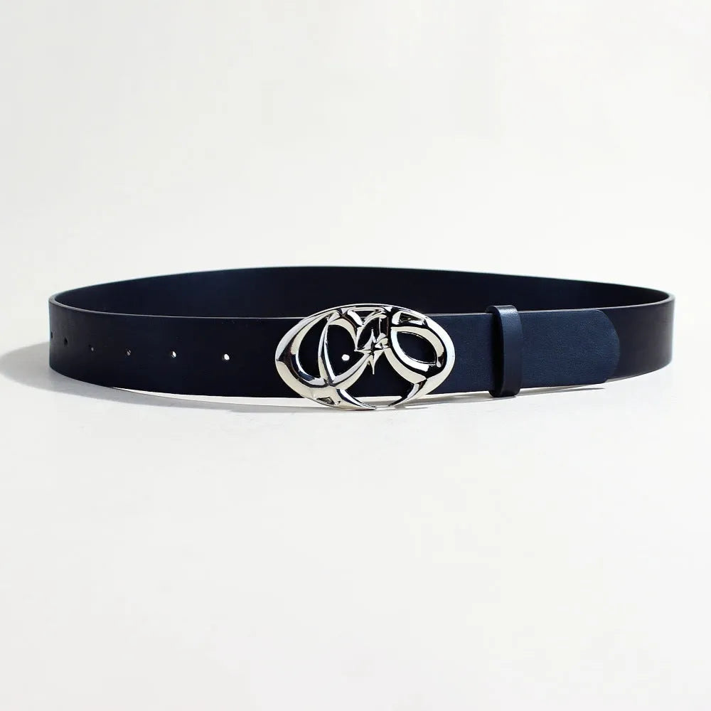Silver buckle casual belt made from PU leather with snap button fastening, showing 105cm length