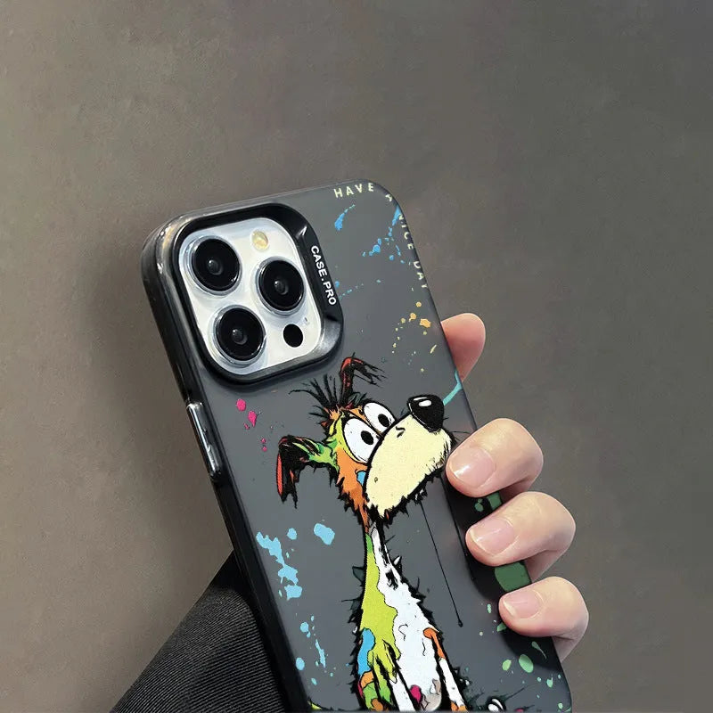 Acrylic cartoon dog pattern silver phone case with soft edge hard back for iPhone models