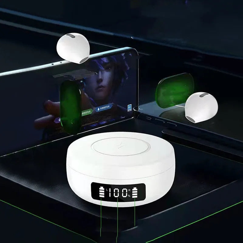 Black wireless Bluetooth earbuds with semi-in-ear design beside their wireless charging case