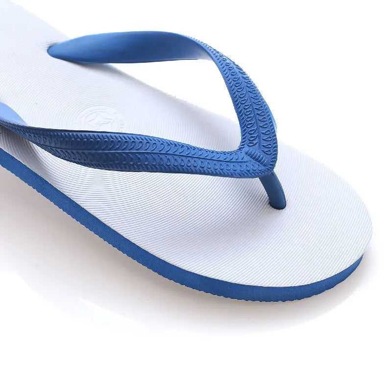 Casual rubber flip-flops with fish label on strap, showing non-slip sole.