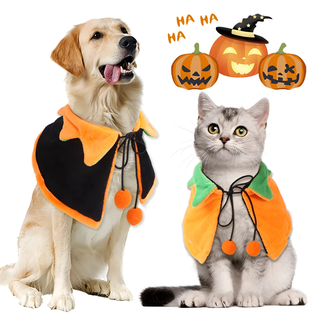 Reversible Halloween pumpkin pet cloak showing two pattern sides, plush material, S M L sizes
