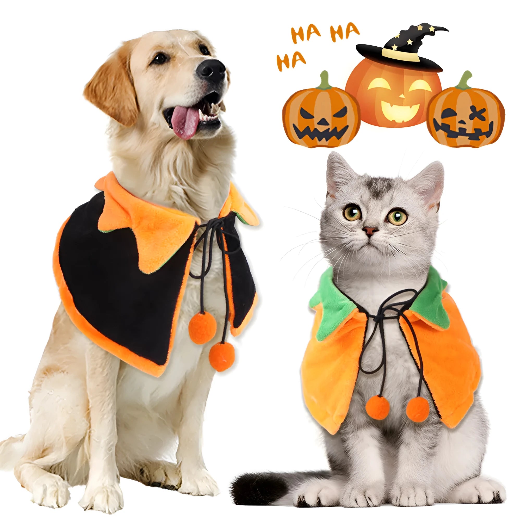 Reversible Halloween pumpkin pet cloak showing two pattern sides, plush material, S M L sizes
