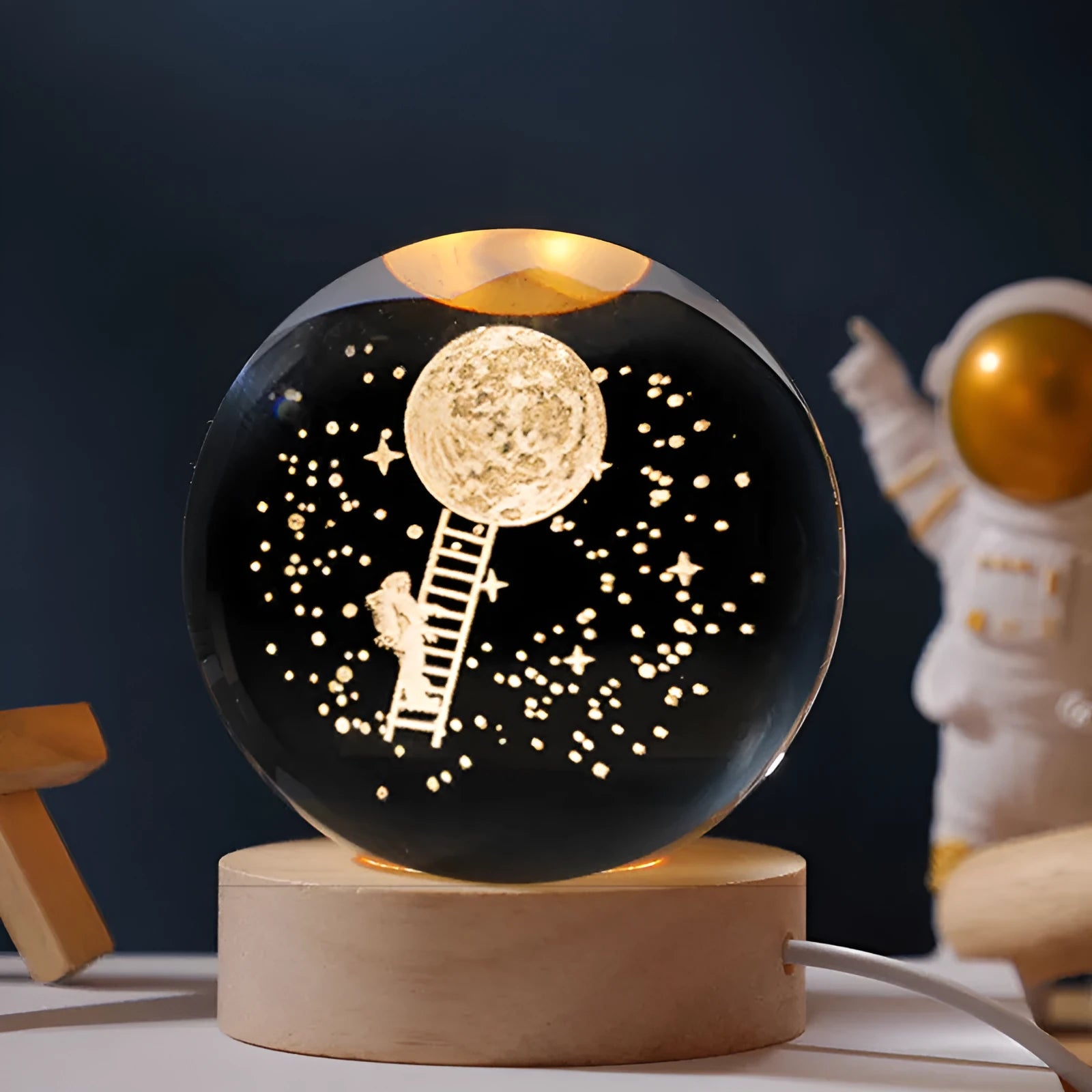 Luminous starry sky crystal ball on wooden base, USB-powered for desktop decoration.