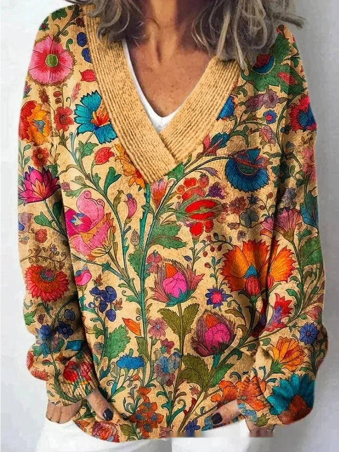 Women's floral printed sweatshirt with 3D pattern effect, V-neck pullover style in wool woven polyester fabric