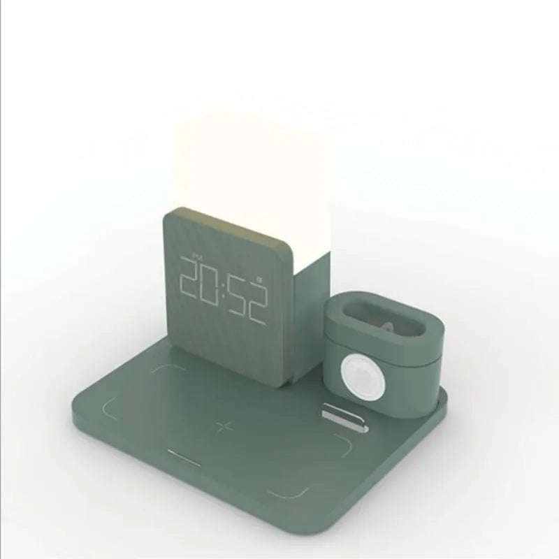 Dark green 3 in 1 folding wireless charger stand for iPhone and AirPods on a desk