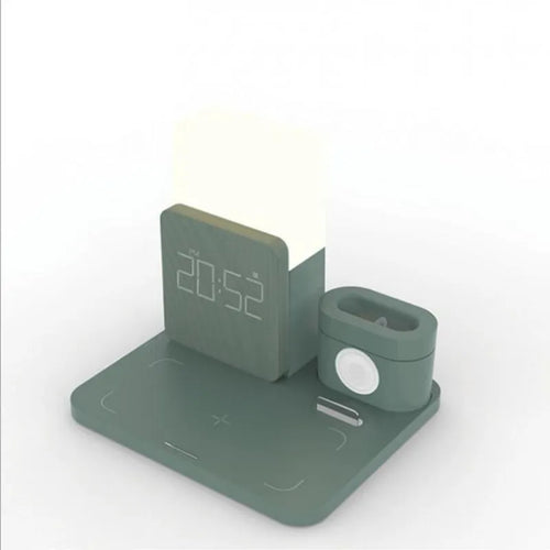 Dark green 3 in 1 folding wireless charger stand for iPhone and AirPods on a desk