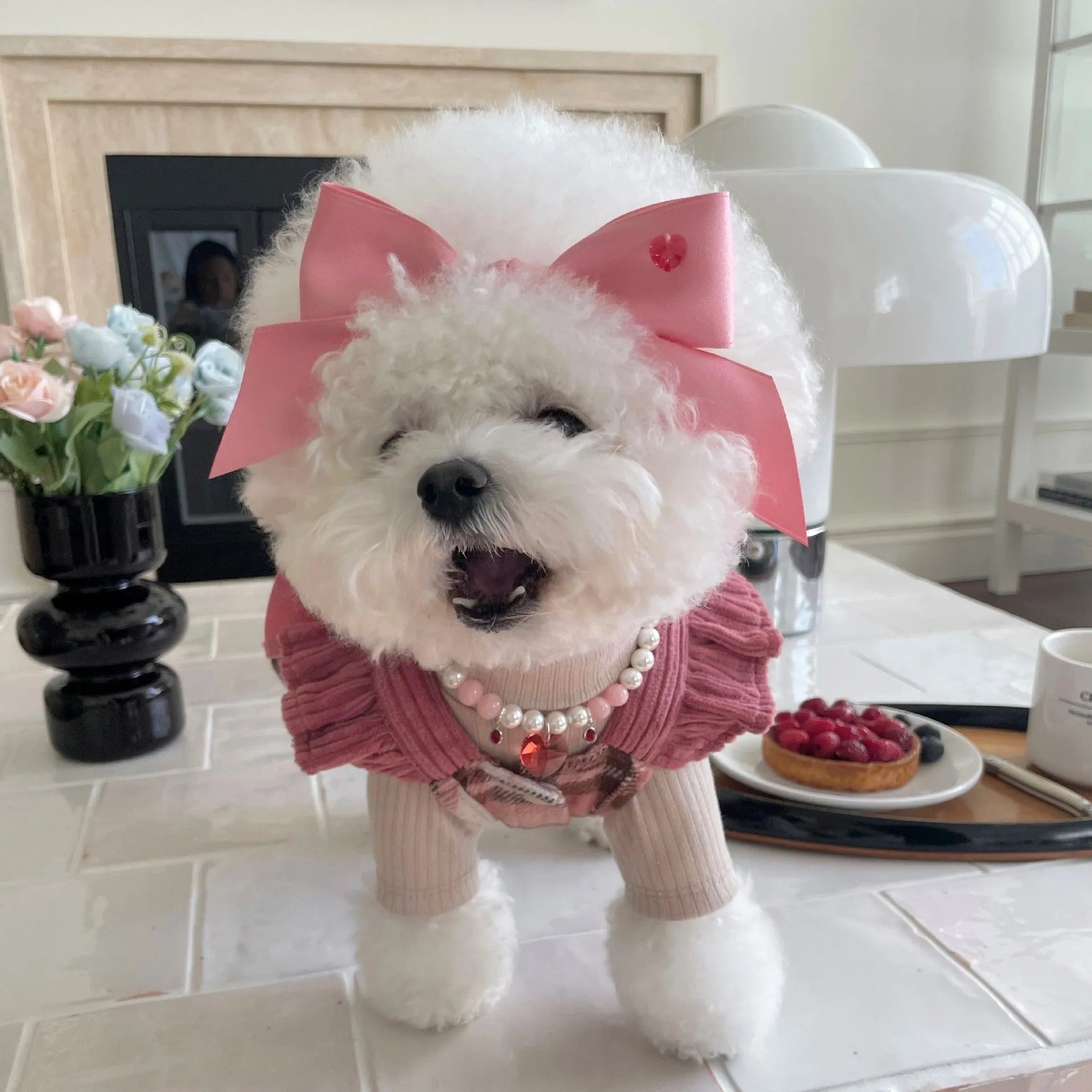 Blue princess-style bow dog hair band with adjustable tension on a model.