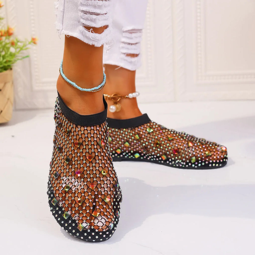 Women's flat sandals with mesh uppers, colourful rhinestone decoration and rubber soles