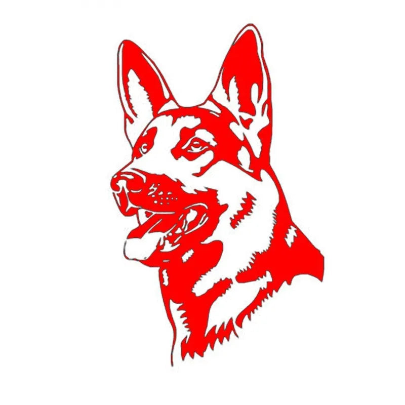 Reflective Alsatian German Shepherd silhouette car sticker on a white background, 13cm by 8cm.