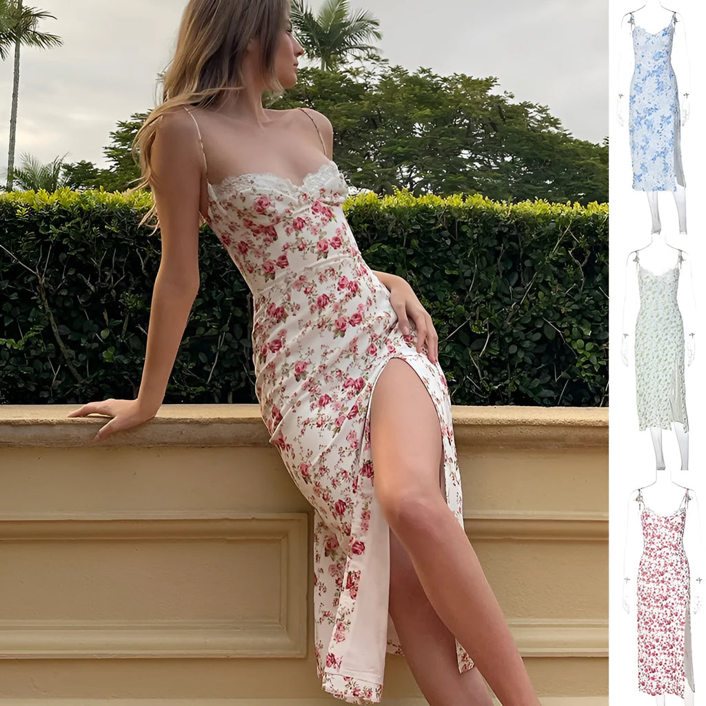 Blue lace flowers print long dress with adjustable cross-back straps and a side slit.
