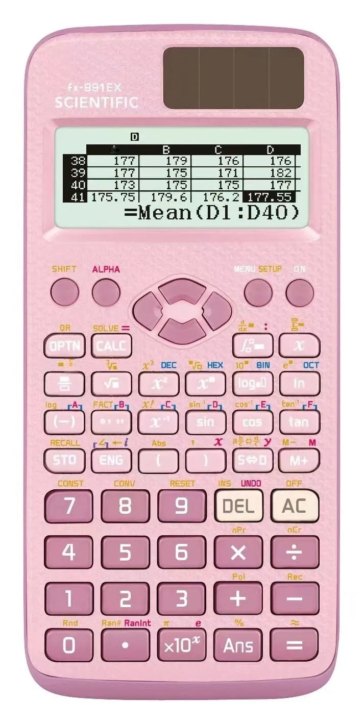 991EX scientific calculator in black, blue, or pink with solar panel and multi-line display.