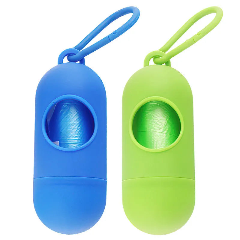 Compact dog poop bag holder with hook attachment and velcro strap showing black colour option