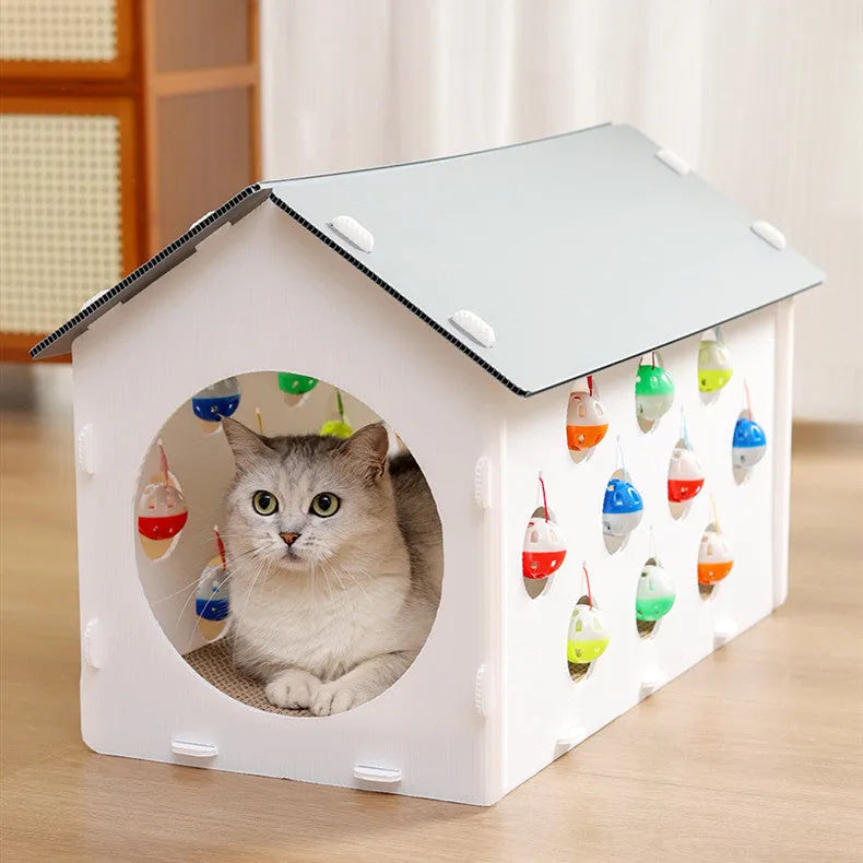Integrated plastic cat scratch board house with a bell ball toy and connecting tunnel.