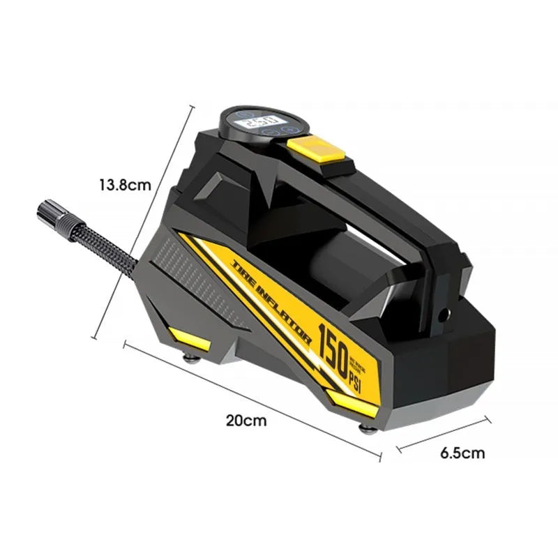 Black vehicle tyre inflator with digital display and 12V power cable