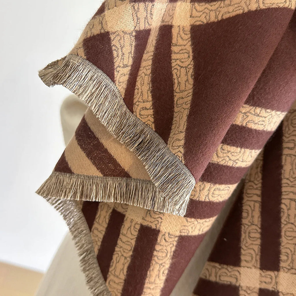 Large brown imitation cashmere winter scarf with tassels laid flat showing full 185cm length.