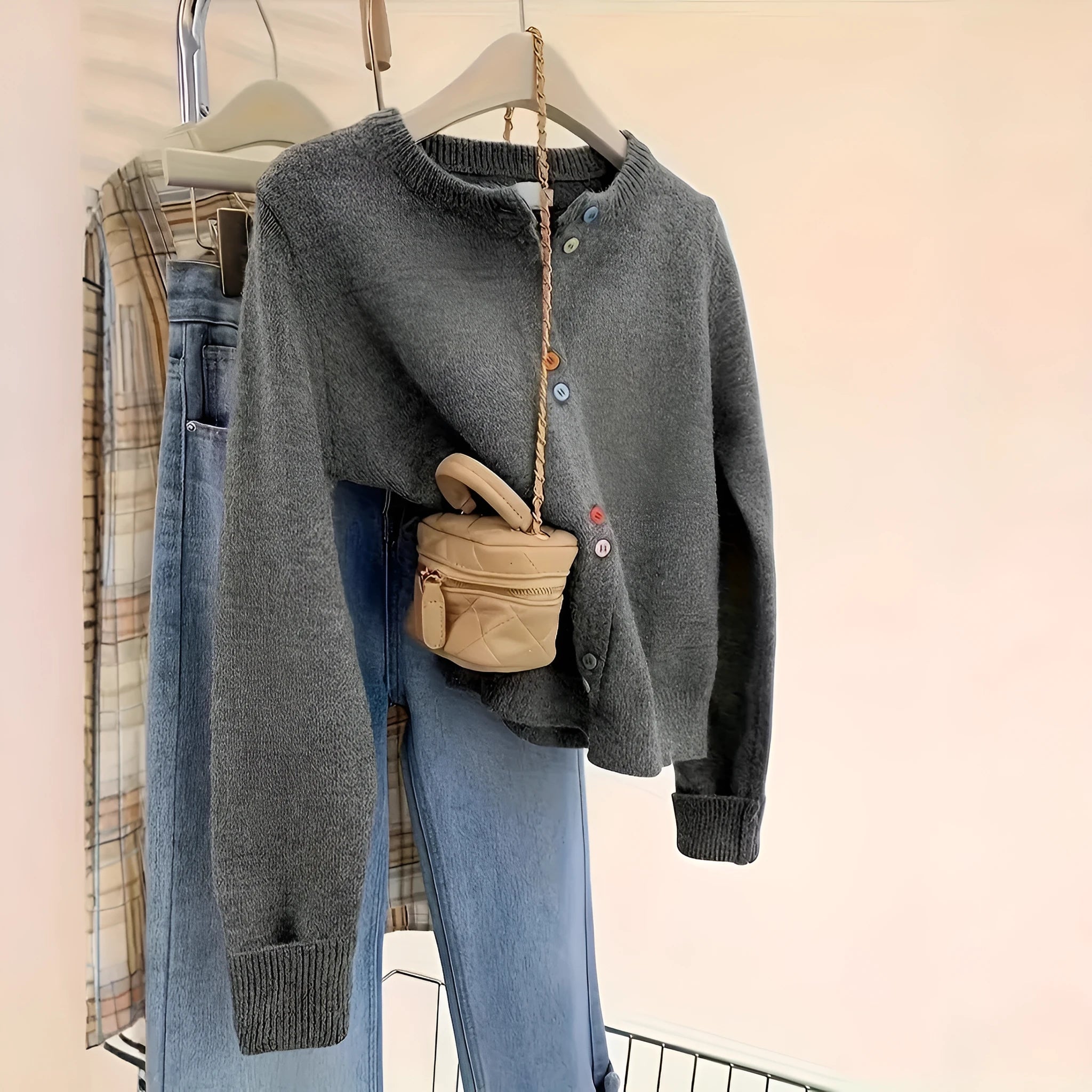 Dark grey women's polyester cardigan sweater with button front and regular fit