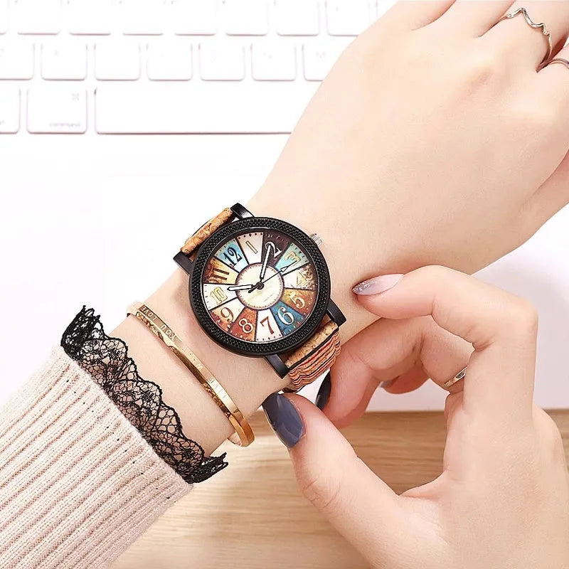 Women's vintage style quartz watch with brown leather strap and 37mm round dial