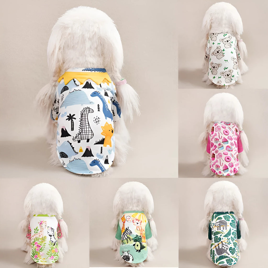 Printed casual T-shirt for small dogs in polyester fabric showing sizing chart with bust and length measurements