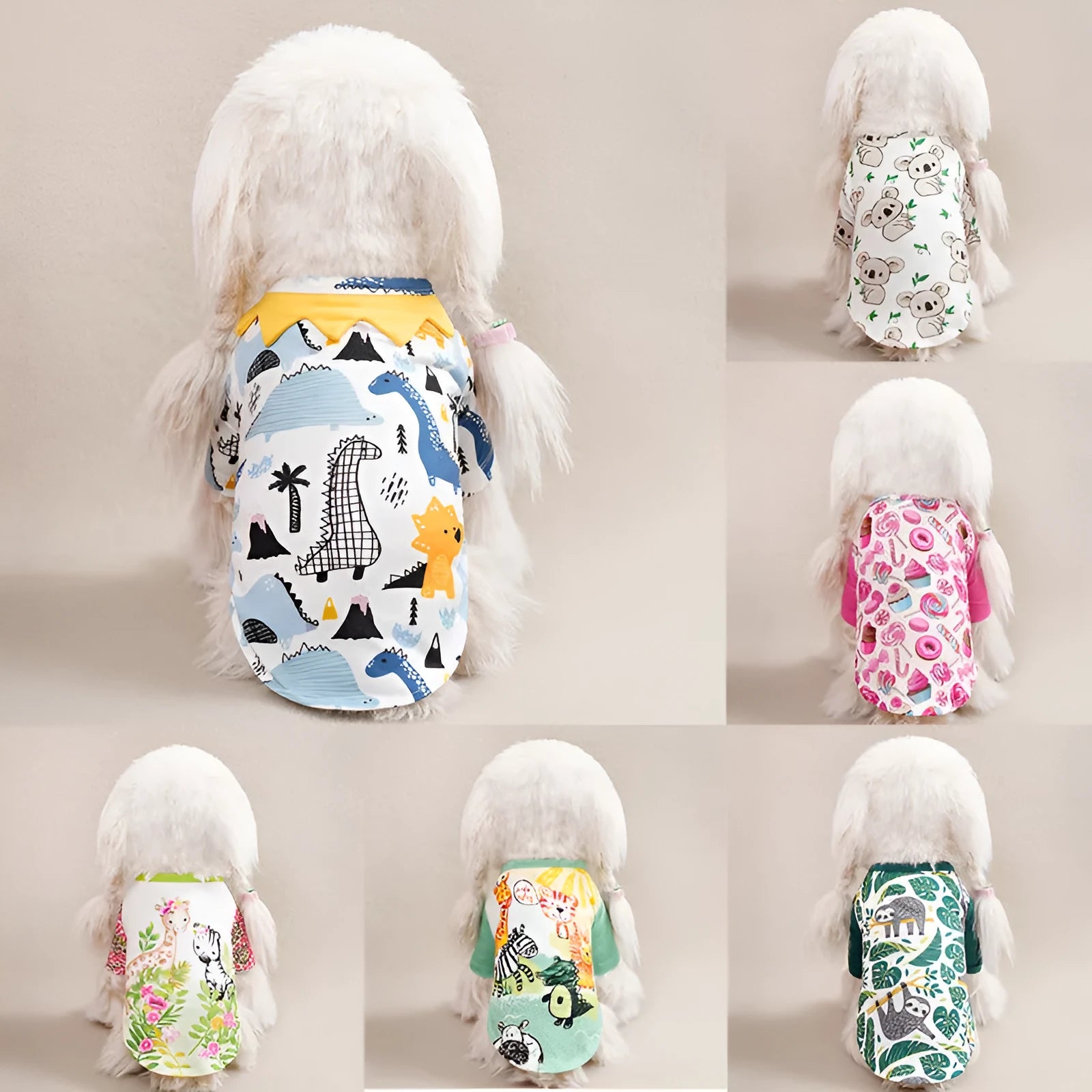 Printed casual T-shirt for small dogs in polyester fabric showing sizing chart with bust and length measurements