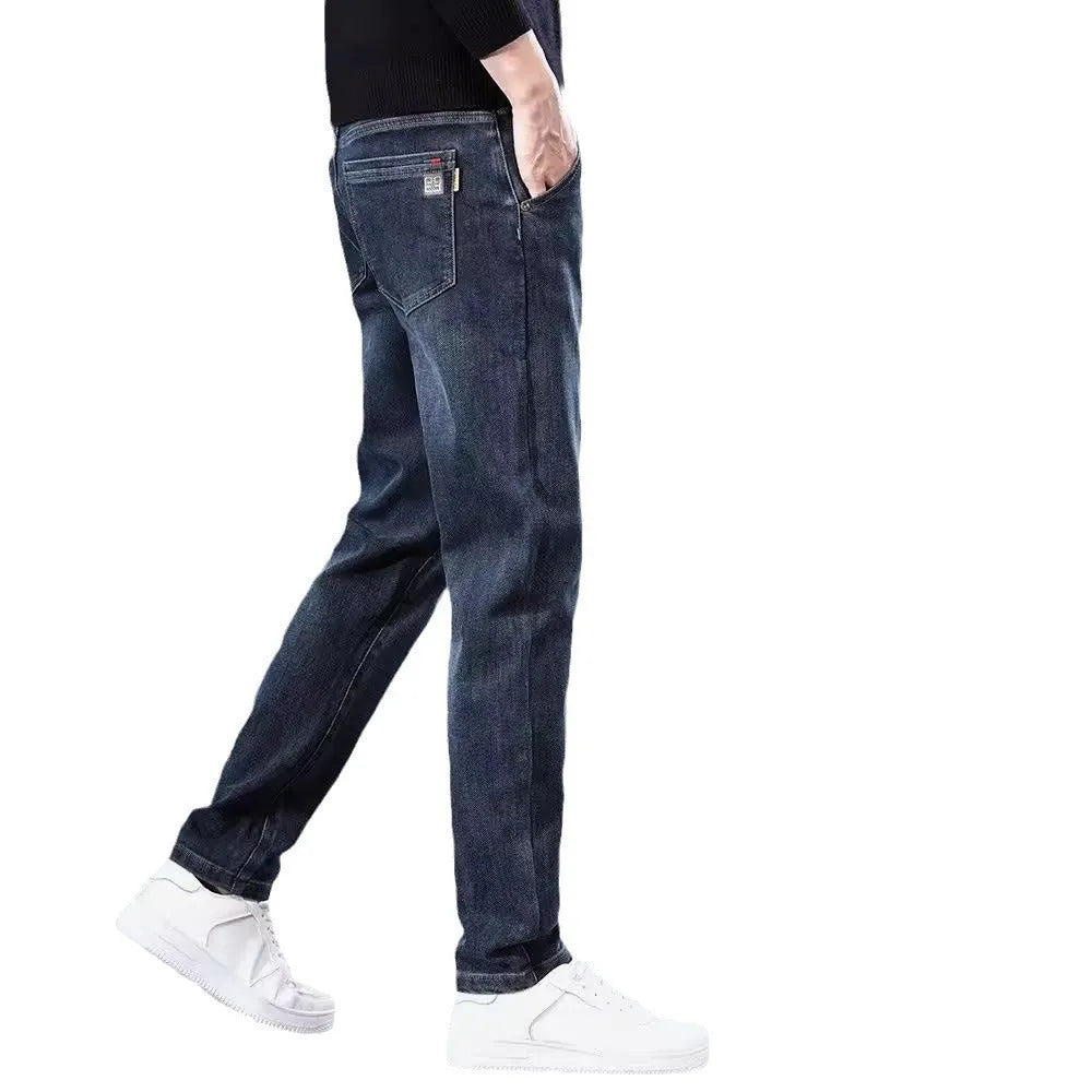 Men's slim straight casual trousers in polyester fabric with micro elasticity and zipper fly