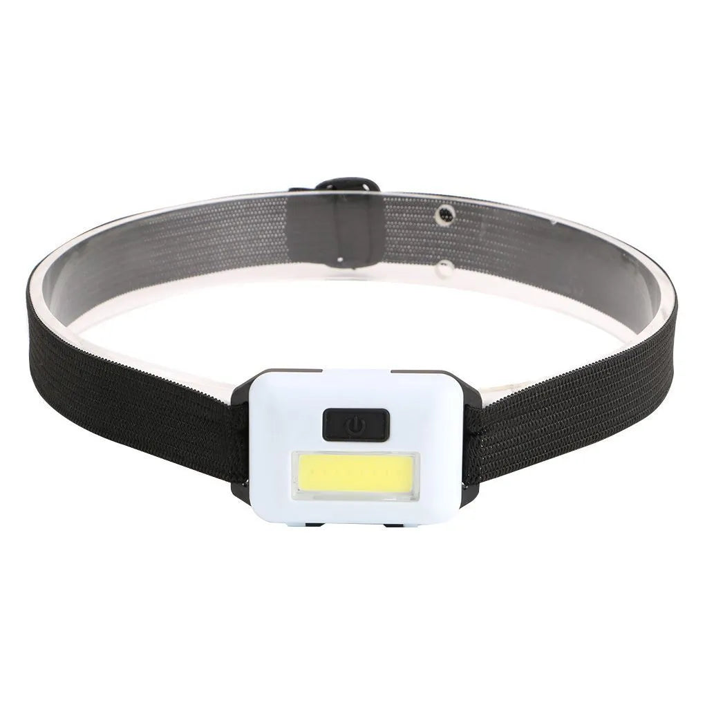Compact blue outdoor LED headlamp with adjustable strap on a dark background.