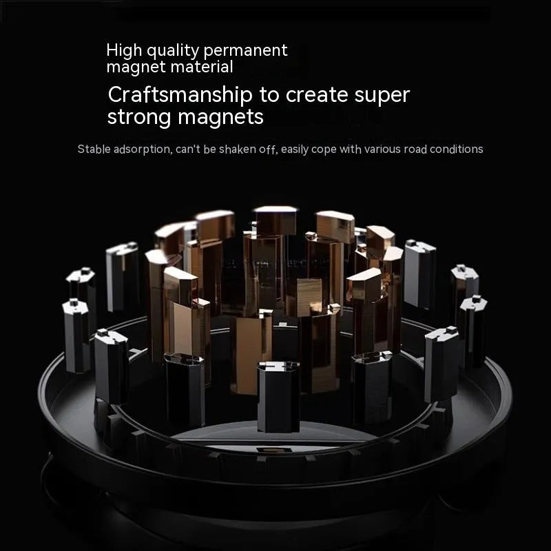 All-metal foldable magnetic car phone mount in Qian colour on vehicle dashboard