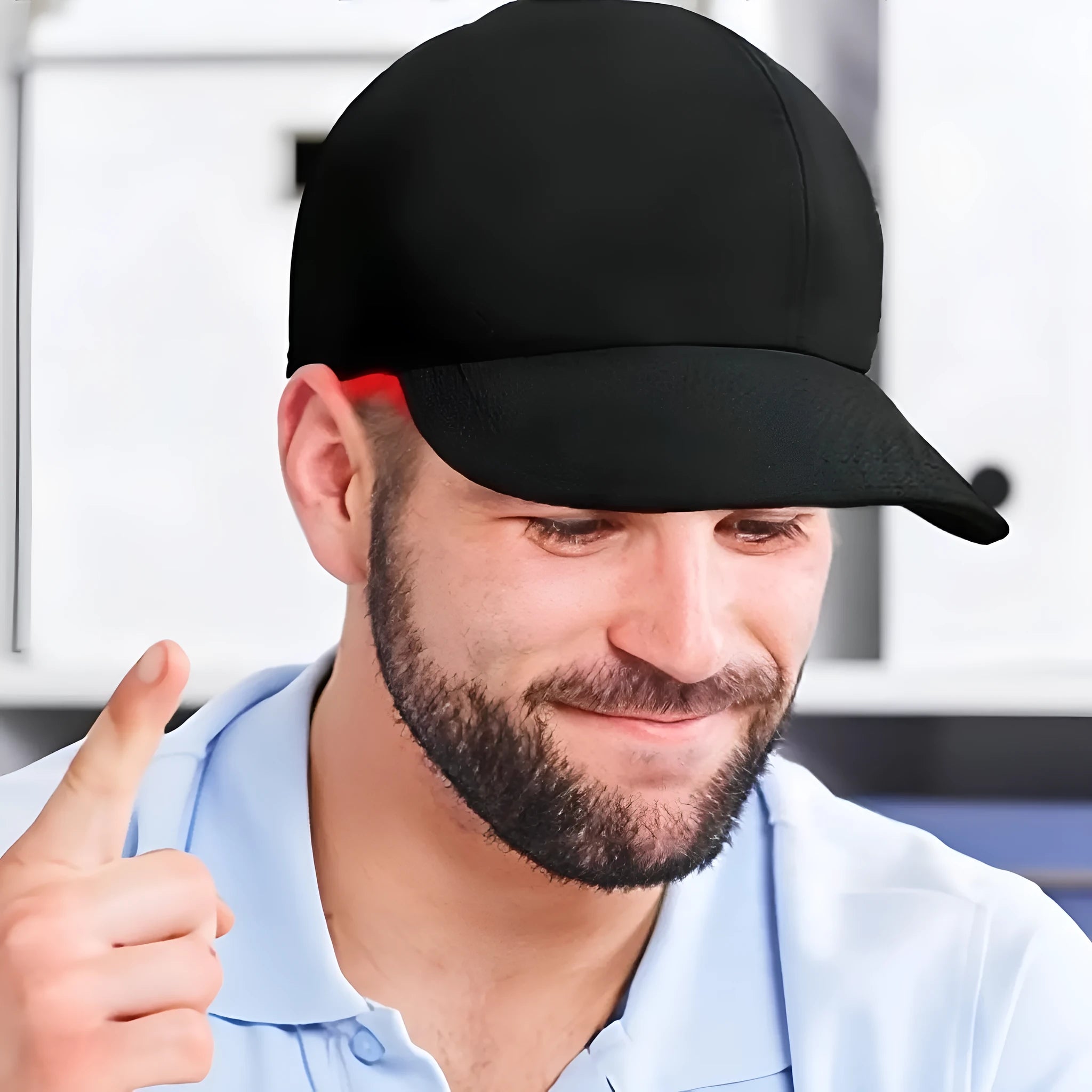 Black infrared peaked hair growth cap with 180 LED lights for red light therapy treatment
