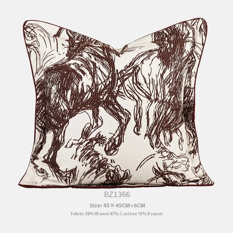 Abstract horse design jacquard cushion pillow in square and waist sizes with gold, black-white, and purple-red colour options