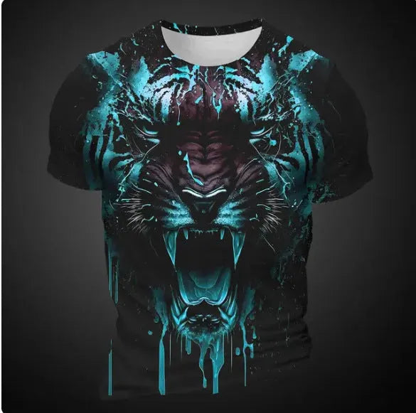 Man wearing a short sleeve T-shirt with a large 3D tiger pattern print across the chest.