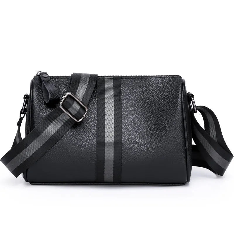Black genuine leather one-shoulder crossbody bag showing 24x16x13cm dimensions and polyester lining interior