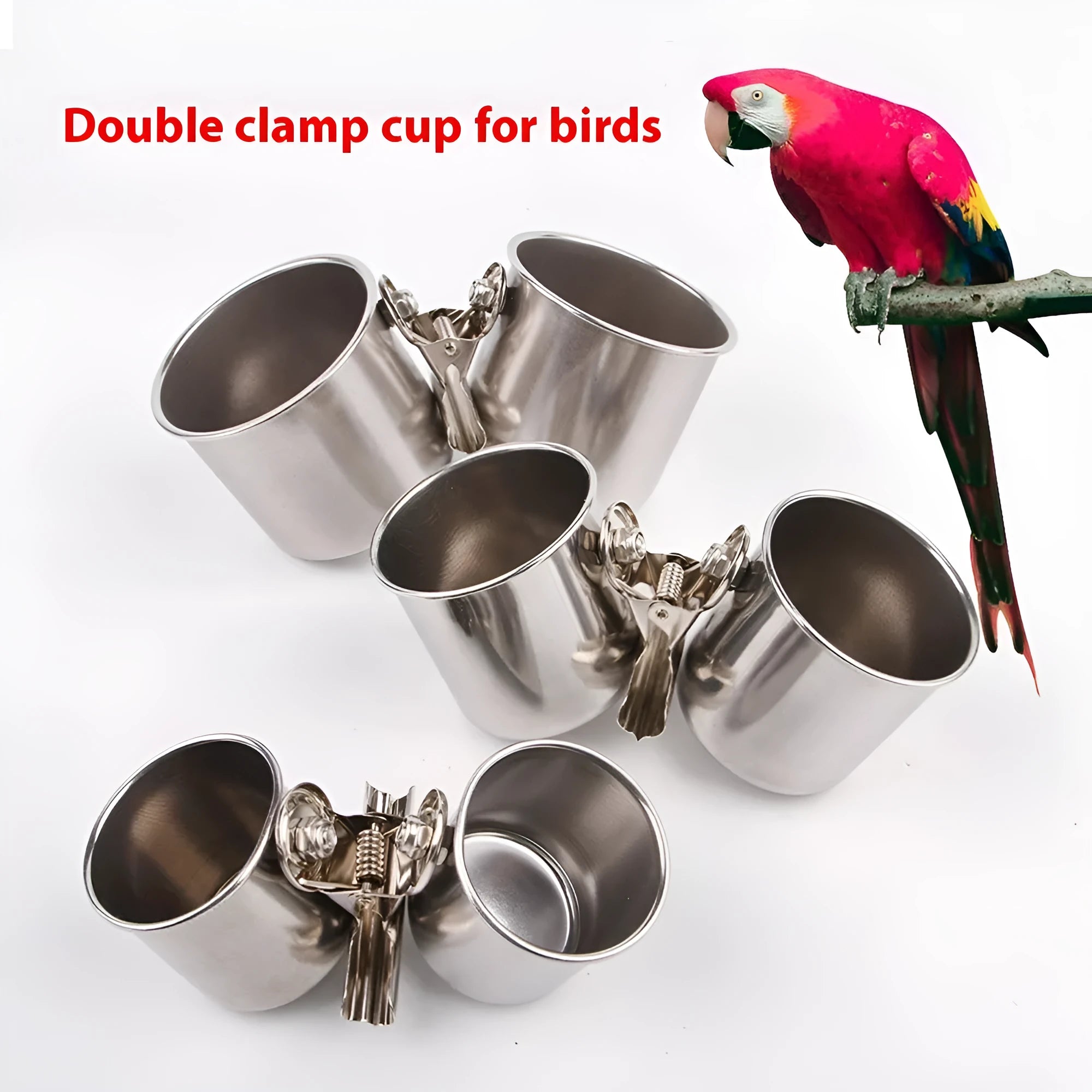 Stainless steel outdoor bird feeder for cage mounting in large, medium, and small sizes.