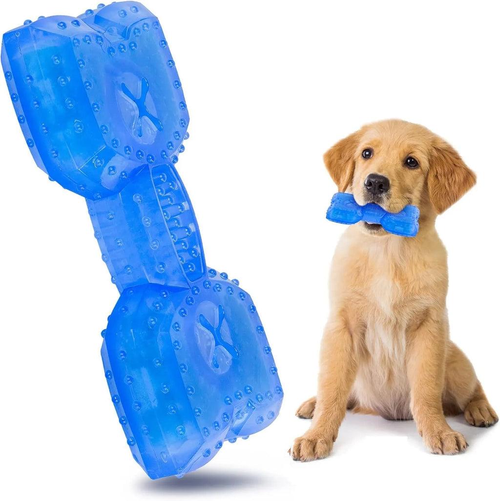 Freezable bone-shaped dog teether chew toy shown next to a circle-shaped version, both with treat-filling holes.