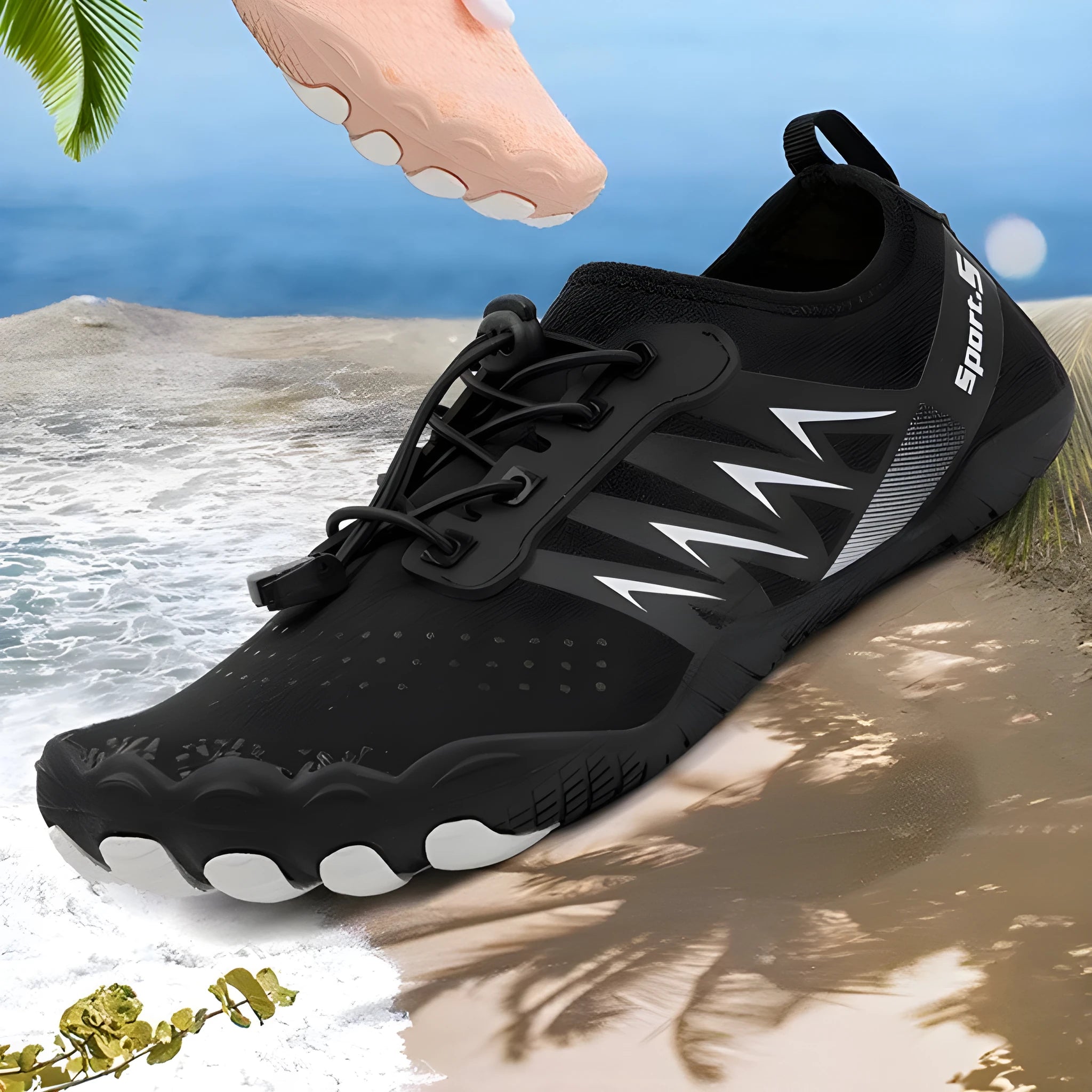 Quick-drying wading river tracing shoes with mesh upper and rubber sole in black low-top design