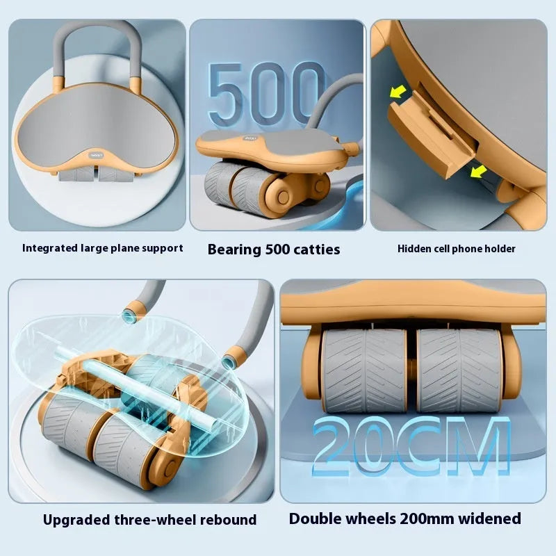 Three-wheel abdominal fitness equipment with automatic rebound and included kneel pad