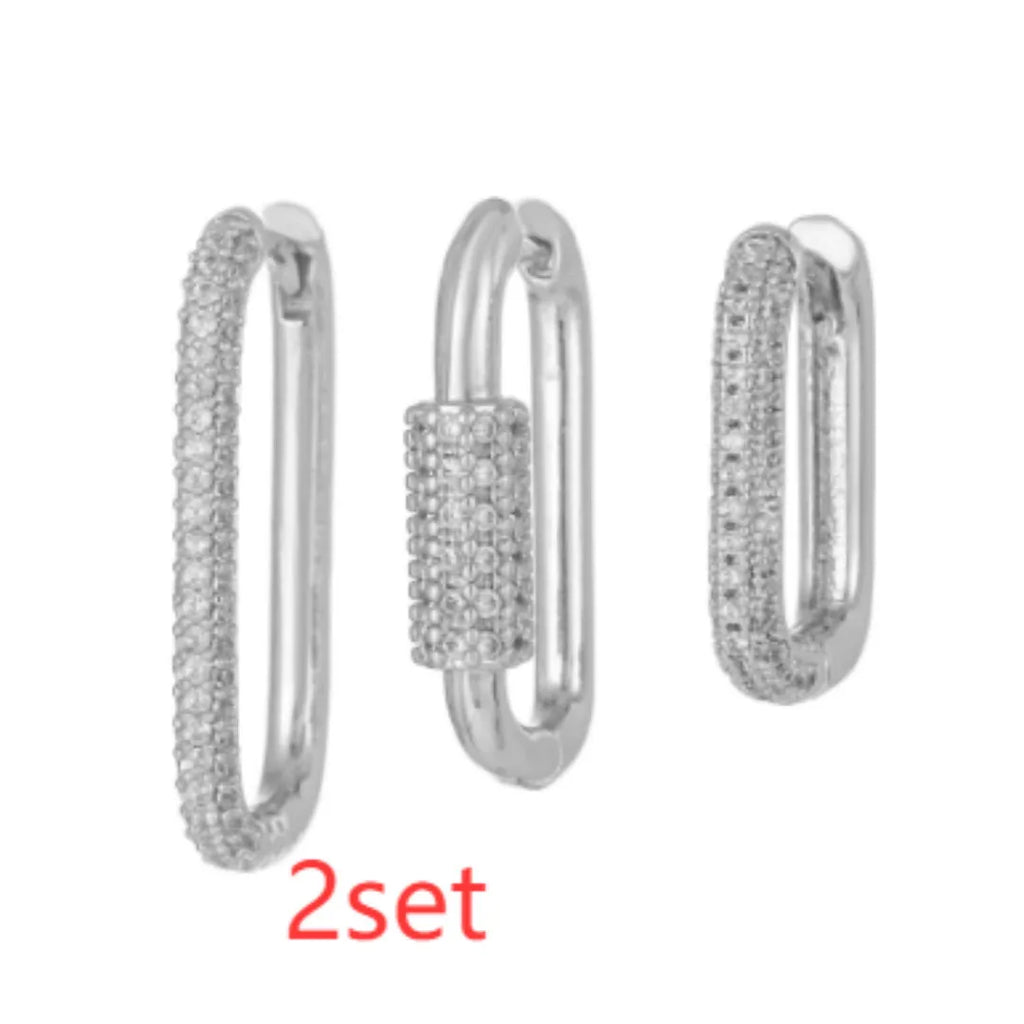 Three geometric square ear clips with inlaid zircon stones in gold and white colour options