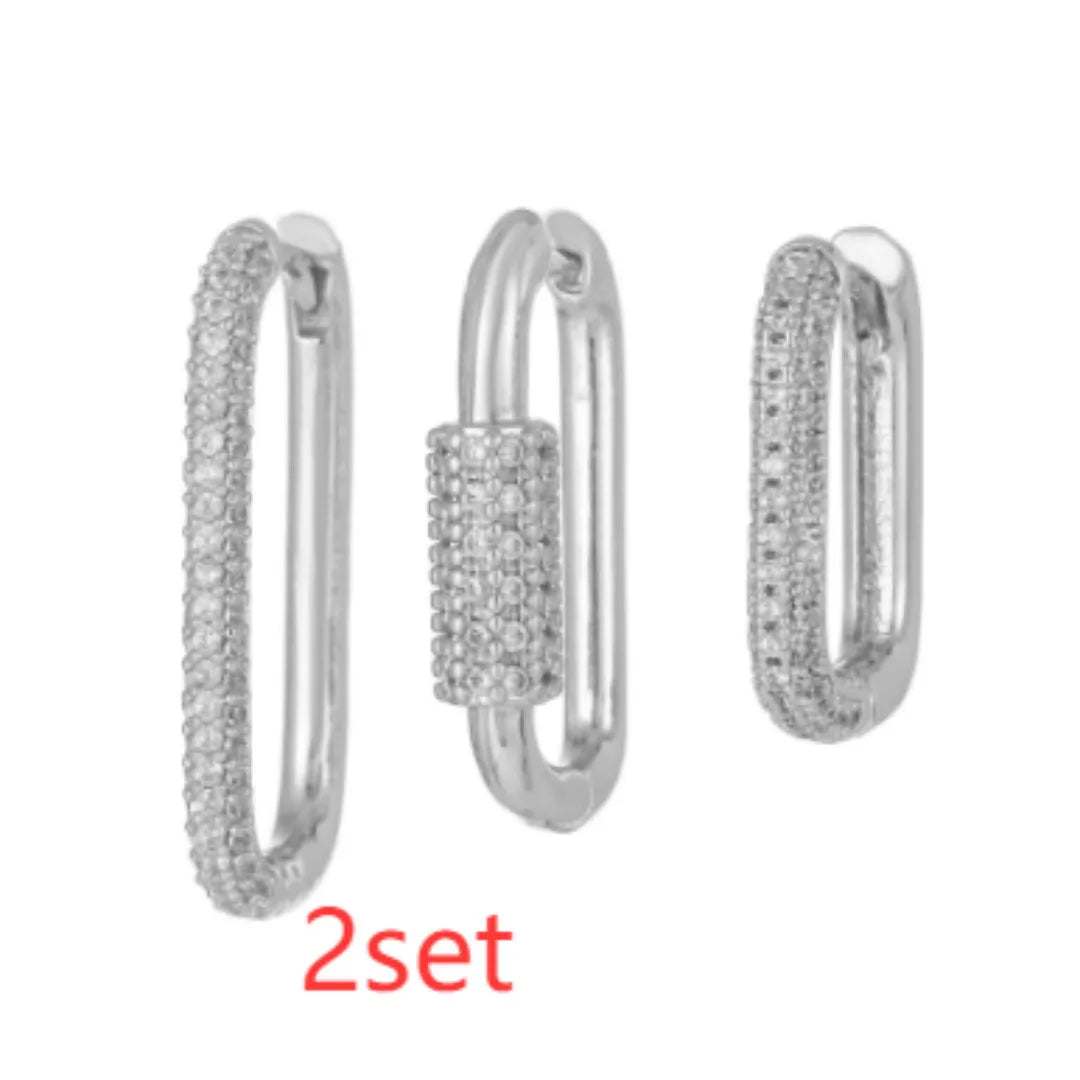 Three geometric square ear clips with inlaid zircon stones in gold and white colour options