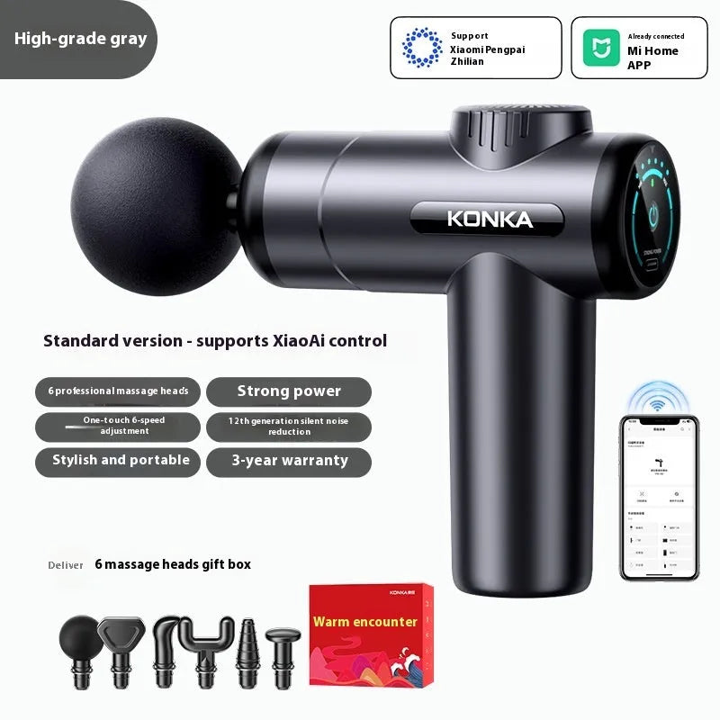 Konka V19 professional mini massage gun in grey colour with multiple attachment heads