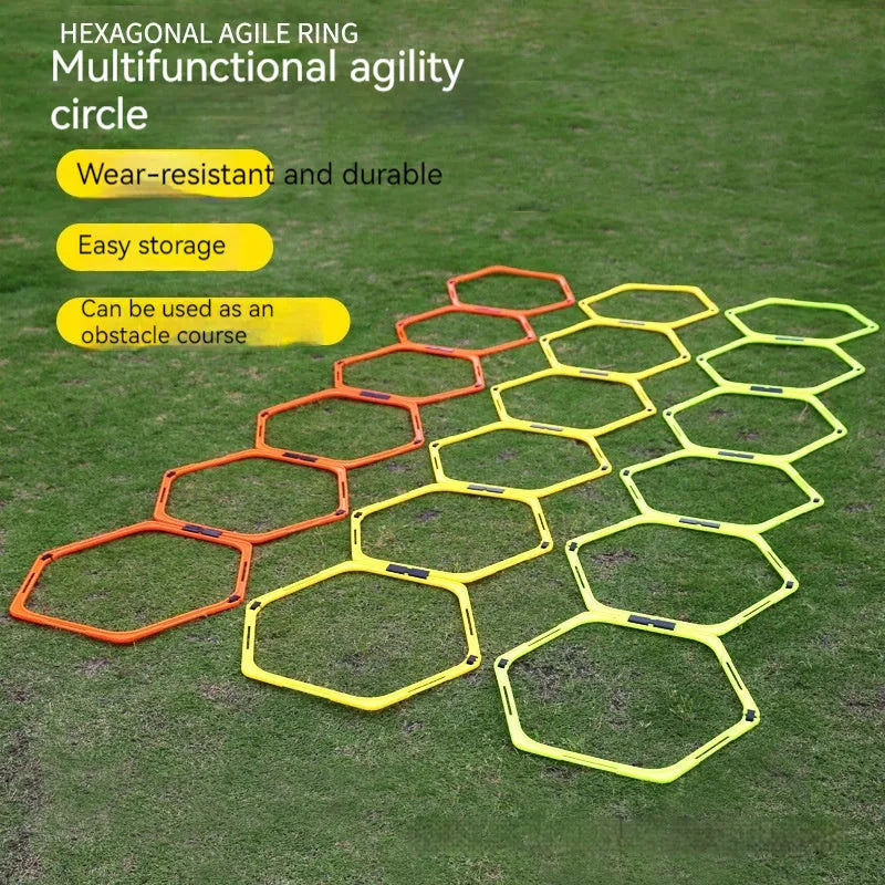 Six foldable hexagon football agility training rings in yellow, green, and orange colours