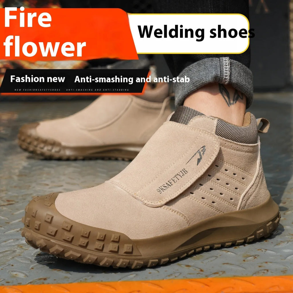 Low-top grey PU leather safety work shoes with lace-up front and steel toe cap on a rubber sole.