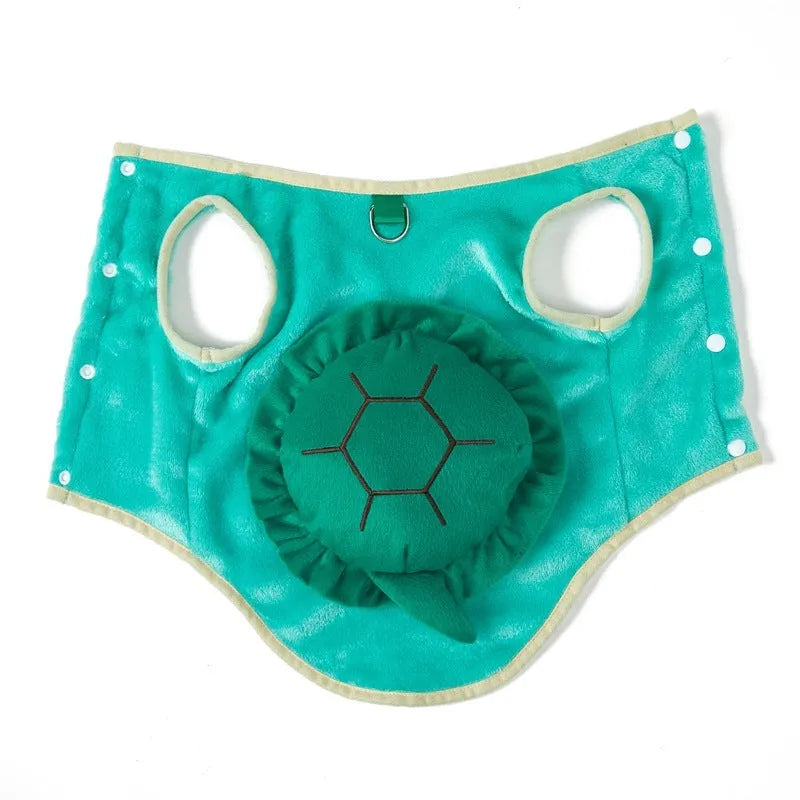 Green flannel pet costume with cartoon turtle design for dogs