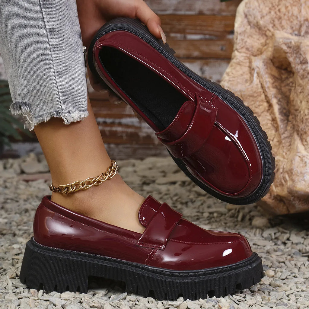 Plus size women's slip-on loafers with chunky platform heel in black, wine red, or green colours