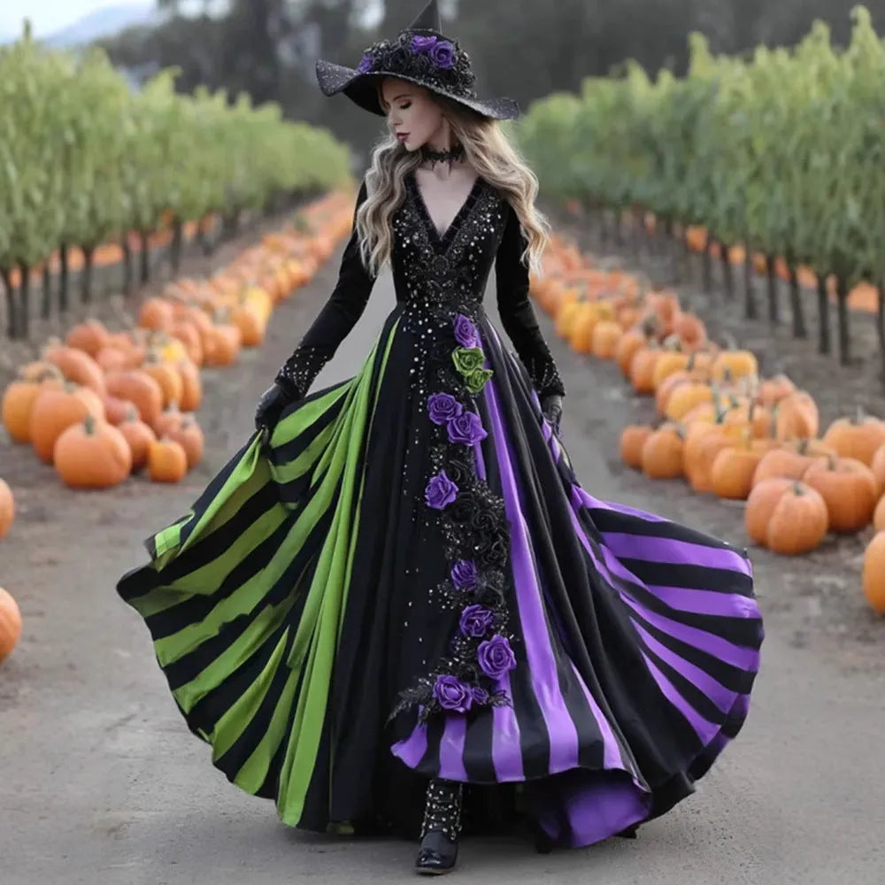 V-neck Long Sleeve Dress Large Swing Dress with High Waist Asymmetric Skirt in Green Purple Patchwork Halloween Dress in Polyester Sizes S to 5XL for Casual Street Fashion Women's Clothing
