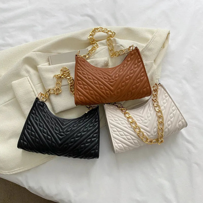 PU leather pleated chain baguette shoulder bag in vertical square shape with soft surface texture