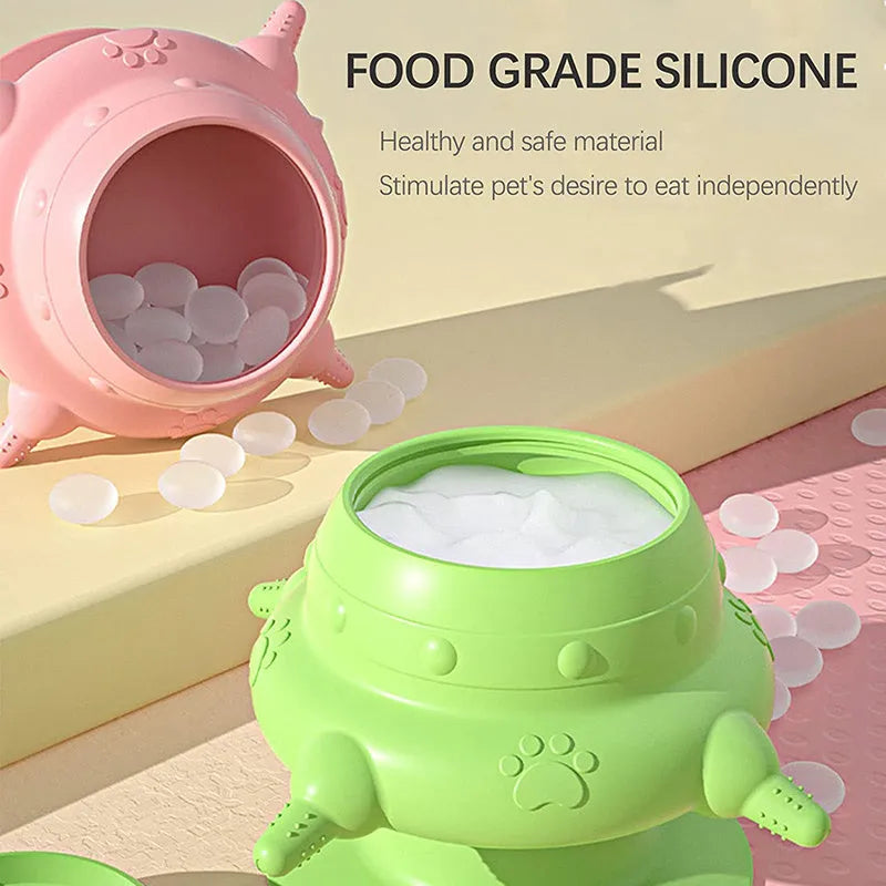 Pink silicone pet nursing bottle with bionic breast design and four pacifiers