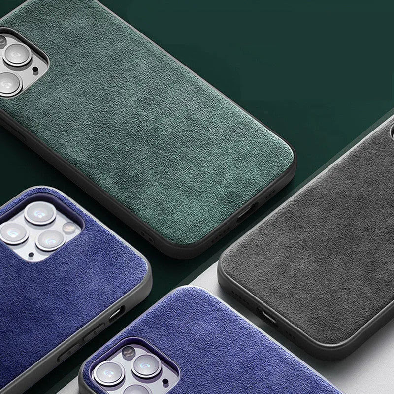 Suede full-cover iPhone case in dark blue colour showing back and side protection